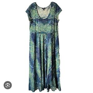 Chaps Leafy Tropical Maxi Short Sleeve Cotton Green & Blue Dress Size Small